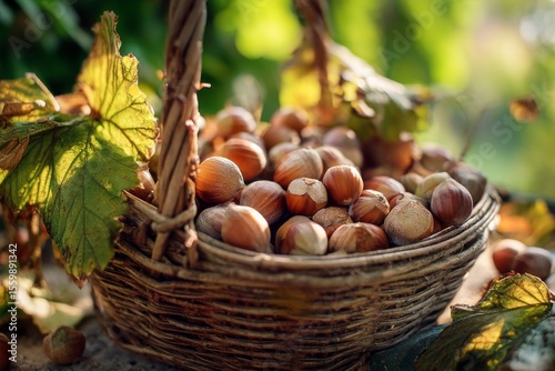Bountiful harvest of hazelnuts in a woven basket surrounded by greenery in a sunlit garden