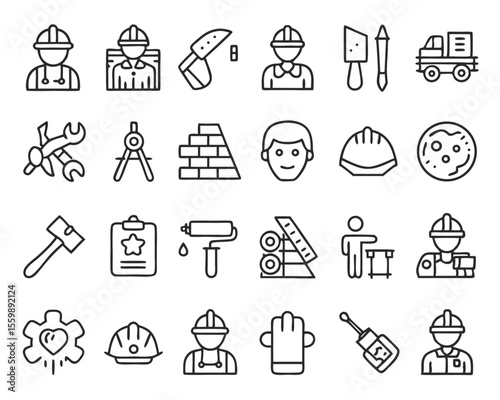 Comprehensive collection of blue collar professions featuring clean thin line graphics and customizable stroke widths for diverse applications