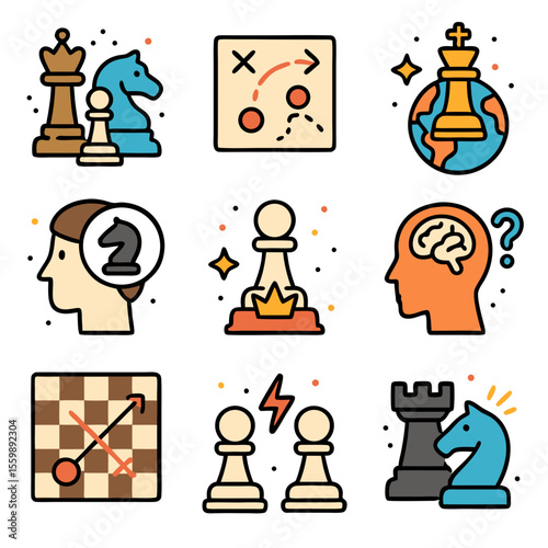 International chess day nine colorful chess strategy icons celebrate the game. Suitable for digital banners, social media posts, and chessthemed designs.