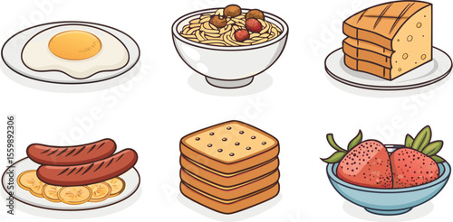 Colorful flat Icon Set of Breakfast Food Items on White Background Includes Fried Egg, Toast, Cereal Bowl, Pancake Stack, Sausage Link, and Fruit Bowl.