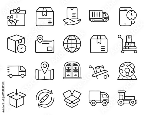 Comprehensive collection of thin line icons for e commerce and delivery logistics operations and services