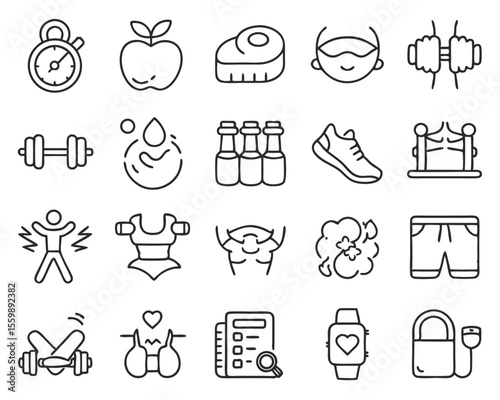 Comprehensive fitness coaching thin line icon set featuring editable stroke attributes and professional design elements for wellness applications