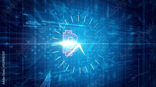 Bright blue point appearing in matrix, forming clock pivoting hands bitcoin visualizing crypto time