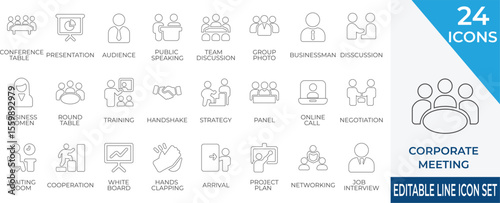 A PROFESSIONAL STROKE ICON COLLECTION PRESENTING CORPORATE  MEETINGS , TEAMWORK, AND BUSINESS STRATEGY ELEMENTS. PERFECT FOR OFFICE PRESENTATIONS, HR DOCUMENTS, ONLINE CONFERENCES, AND  ENTERPRISE 
