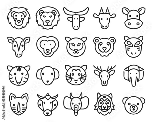 Geometric savanna animal head silhouettes collection featuring thin line art and bold color accents for modern design applications