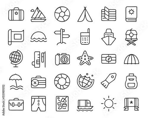 Comprehensive collection of thin line travel and tourism symbols for diverse applications and projects
