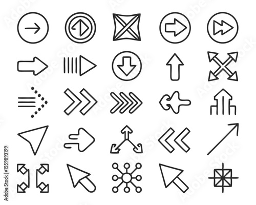 A comprehensive collection of minimalist web internet and navigation symbols for digital interfaces and applications featuring clean lines and essential design elements