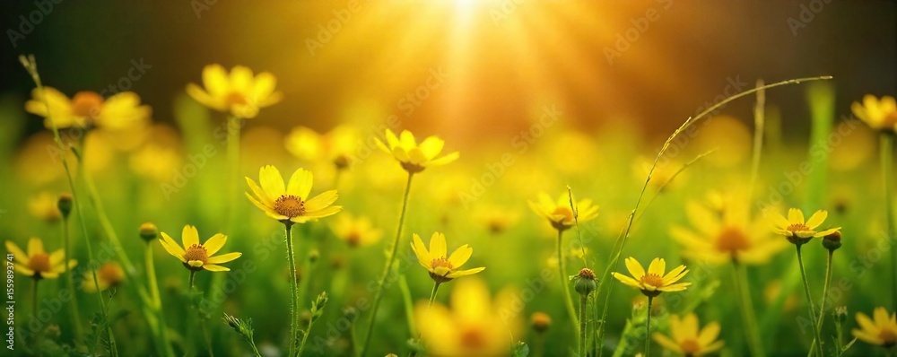 Fototapeta premium Golden Sunlight Streams Through Yellow Flowers in Lush Meadow, Evoking Joy and Serenity. Perfect for Summer, Wellness, and Uplifting Themes.