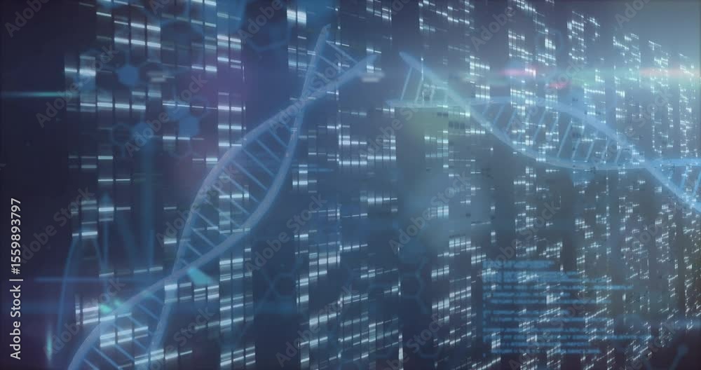 On startup 3D DNA helix appearing left moving right rotating revealing icons, flare lighting bars