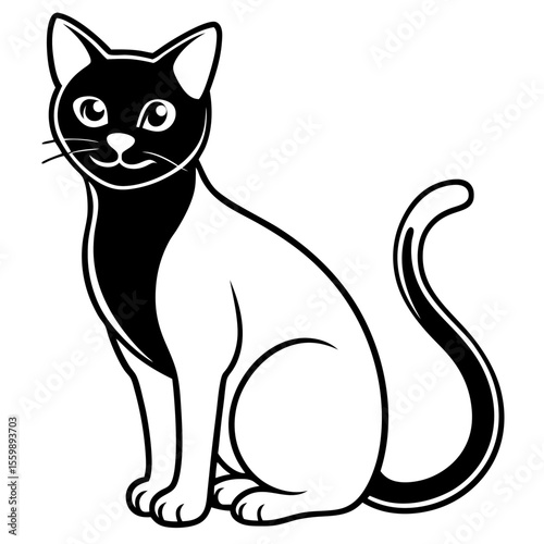 Clean black line art of a black cat sitting with curved tail — white background 1