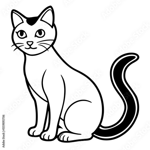 Clean black line art of a black cat sitting with curved tail — white background 1