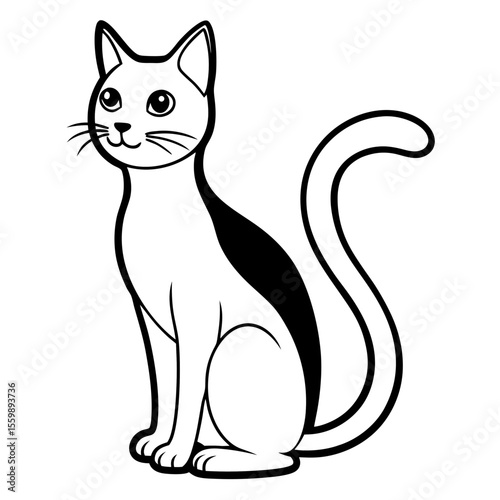 Clean black line art of a black cat sitting with curved tail — white background 1
