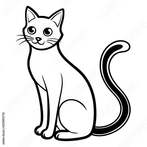 Clean black line art of a black cat sitting with curved tail — white background 1