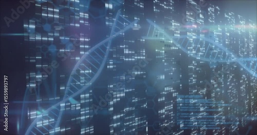 On startup 3D DNA helix appearing left moving right rotating revealing icons, flare lighting bars