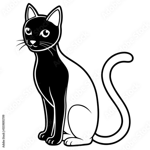 Clean black line art of a black cat sitting with curved tail — white background 1