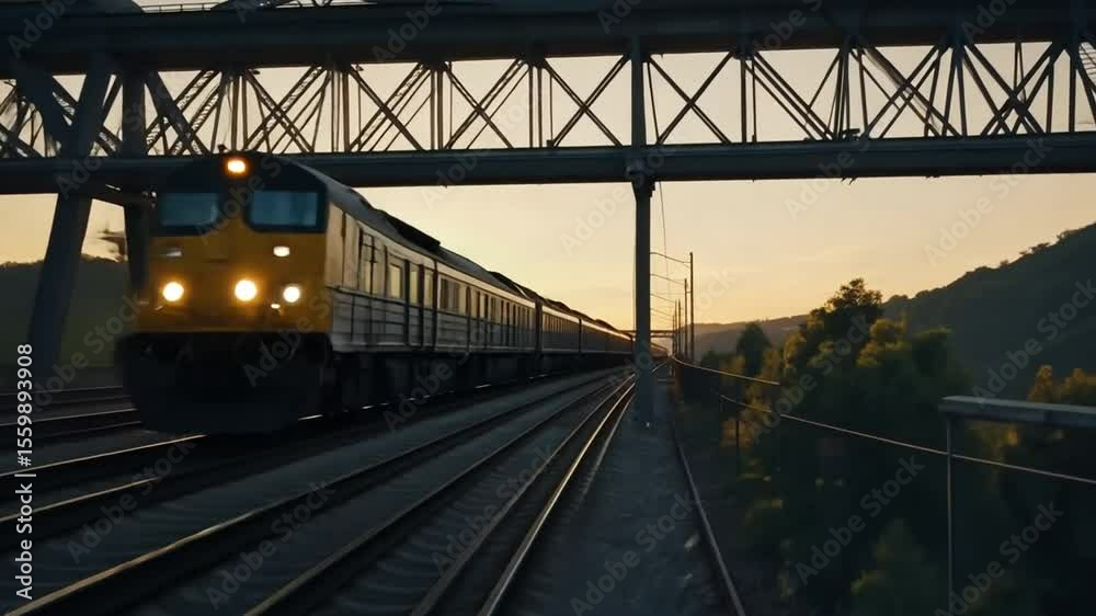 Golden Hour Train Journey Under Steel Bridge - Cinematic Railway Sunset Golden Hour Train Journey Under Steel Bridge - Cinematic Railway Sunset