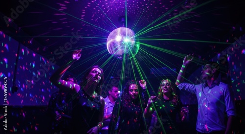 Group of young adults dancing under disco ball with laser lights in nightclub