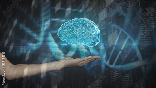 Human forearm sliding in causing sphere morphing into 3D brain spinning with DNA helix for analysis