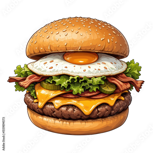 Delicious gourmet hamburger with sunny side up egg, crispy bacon, fresh lettuce, and melted cheddar cheese
