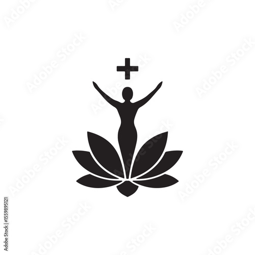 A silhouette of a person with arms raised above a lotus flower and a plus sign above