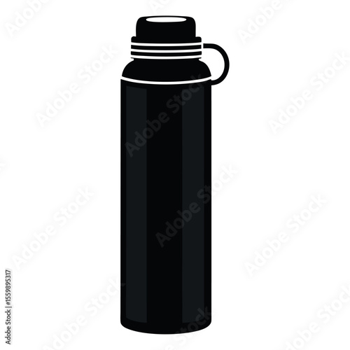 Solid silhouette of a thermal insulated bottle with screw lid on white background
