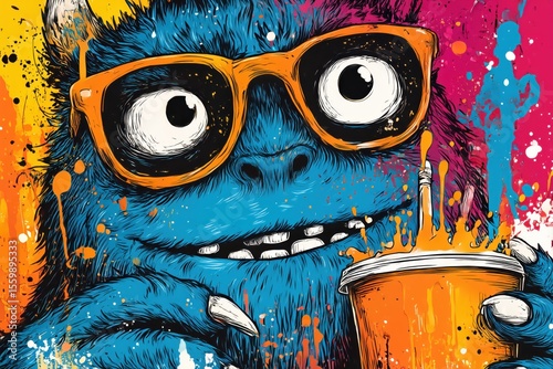 Happy monster with sunglasses holding drink on colorful background