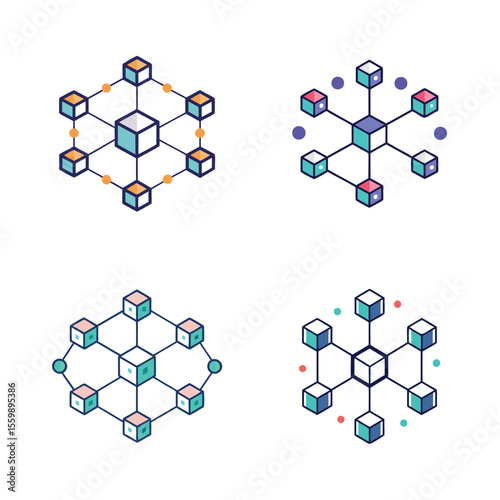 Abstract network of connected cubes and nodes in geometric patterns