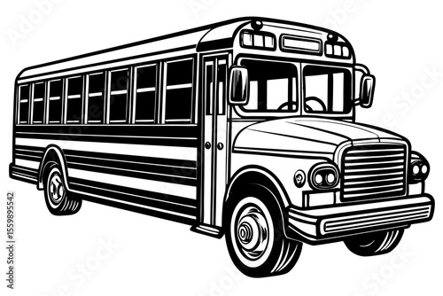 Classic american school bus illustration in black and white