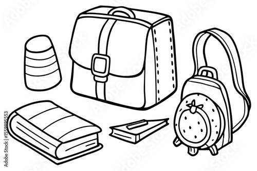 Collection of school supplies including a backpack satchel books and pencil cup