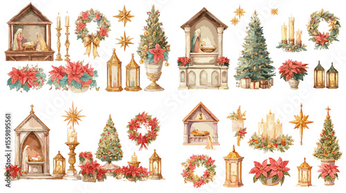 Watercolor Christmas nativity elements including trees, wreaths, candles, and mangers, beautifully composed in festive tones for holiday decor themes.

