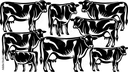 A group of black and white cows standing together in a field pattern design illustration vector art