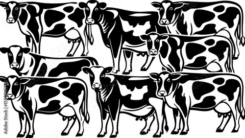 A collection of black and white dairy cows standing together in a group facing in different directions