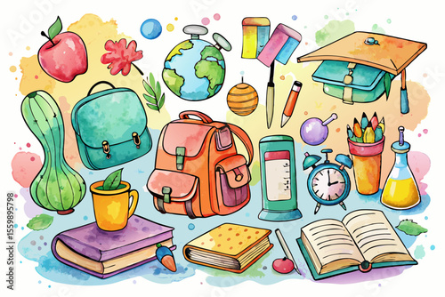 Colorful watercolor illustration of school supplies and educational items on a bright background