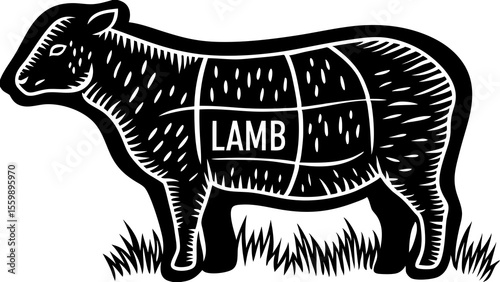 Illustration of a lamb with cuts of meat marked on its body in black and white with grass below it