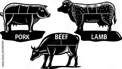 Illustration showing pork beef and lamb cuts with a pig cow and sheep in black and white style