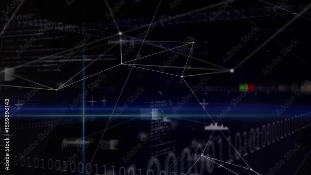 Binary digits starting wireframe network blue flare sweeping golden orb pulsating showing data flow