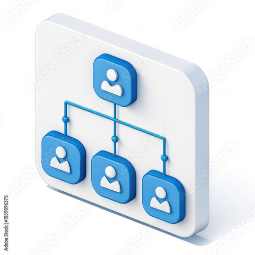 3D icon depicting organizational chart with hierarchy layout, featuring blue user symbols connected by lines on white background, representing structure and teamwork