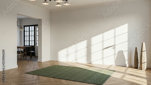 Fototapeta Naklejka Na Ścianę i Meble -  Minimalist modern apartment with white wall, green rug, wooden floor, and natural light. Empty cosy living space with dining area in background. Clean Scandinavian interior design.