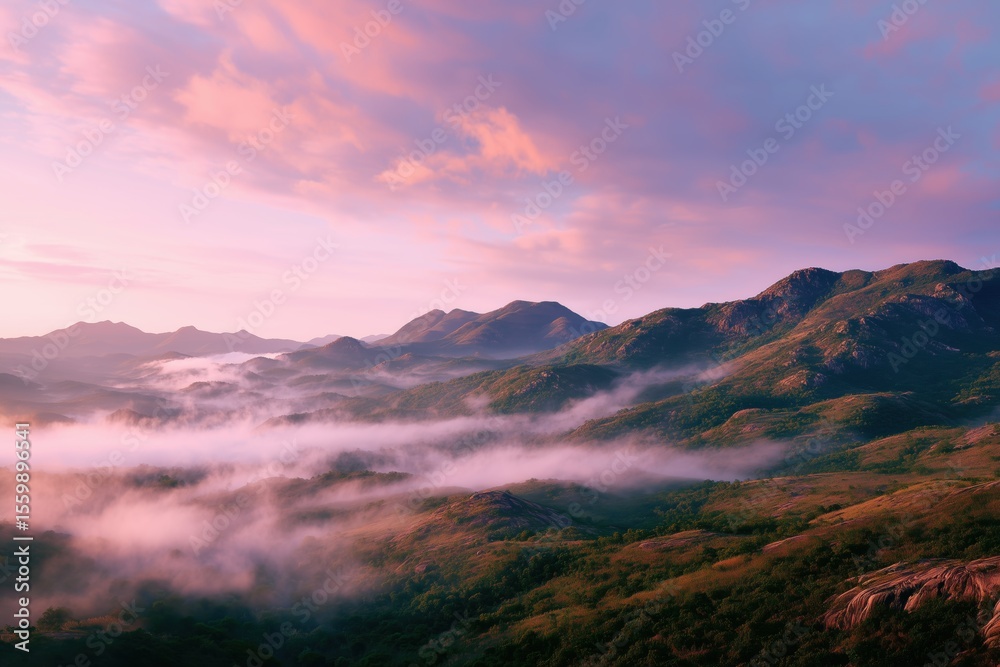Serene Pastel Sunrise Over Misty Mountain Range Serene Pastel Sunrise Over Misty Mountain Range