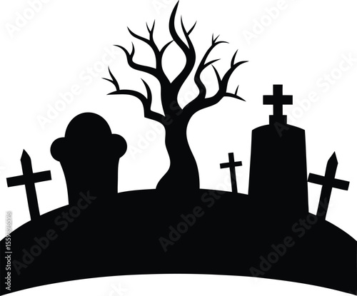 Spooky Halloween Graveyard Silhouette  A Creepy Illustration of Tombstones, Crosses, and a Dead Tree