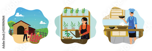 Young women spend their free time gardening, taking care of plants and cooking food in the kitchen.