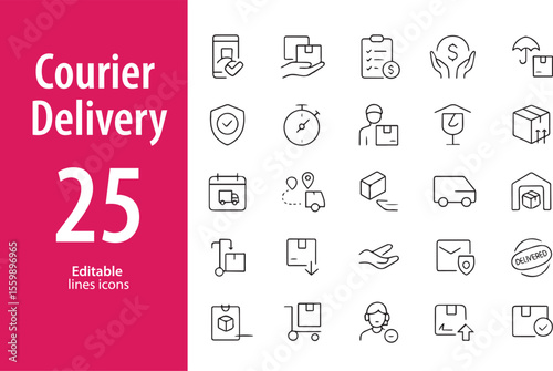 Courier Delivery Line Icons, Parcel, Tracking, Delivery Van, Package, Shipping Label, Home Drop-Off, and More , Editable Formats: AI, EPS, JPG, PNG , Ideal for Both Digital and Print Use