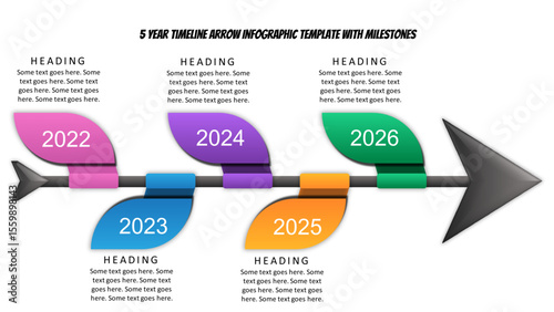 5 Year Timeline Arrow Infographic Template with Milestones. Fully editable vector SVG file compatible with PowerPoint, Illustrator, and most vector-based applications. Infographic.