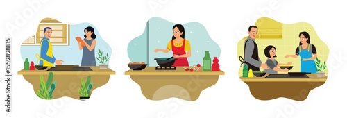 Couple cooking in the kitchen, woman cooking fresh vegetables, using modern equipment.
