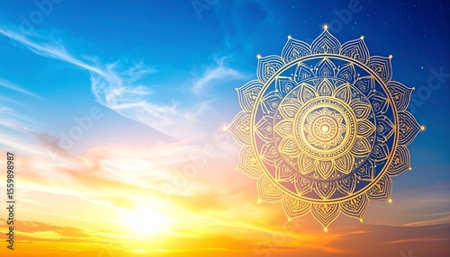 Sun with intricate mandala microchip pattern combining technology and spirituality elements