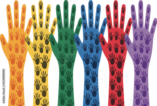 Colorful hands with smaller handprints in a row representing diversity and unity on white background