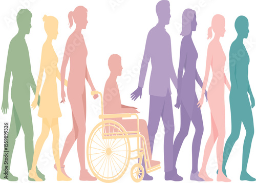 Silhouettes of people walking and a person in a wheelchair in a line with varied colors