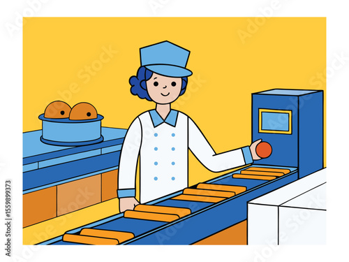 Cartoon Worker at Fruit Conveyor Belt in Processing Facility Illustration
