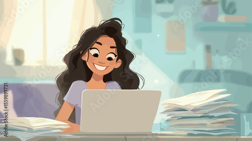 A happy woman working diligently on her laptop project.