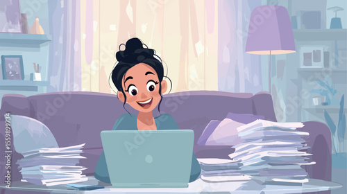 Illustration of a woman working on a laptop among paper stacks.